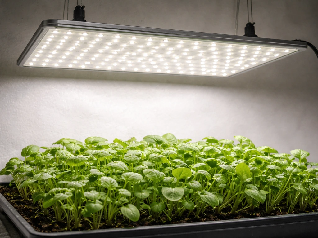 Close-up of an LED grow light panel over thriving seedlings in a simple indoor setup