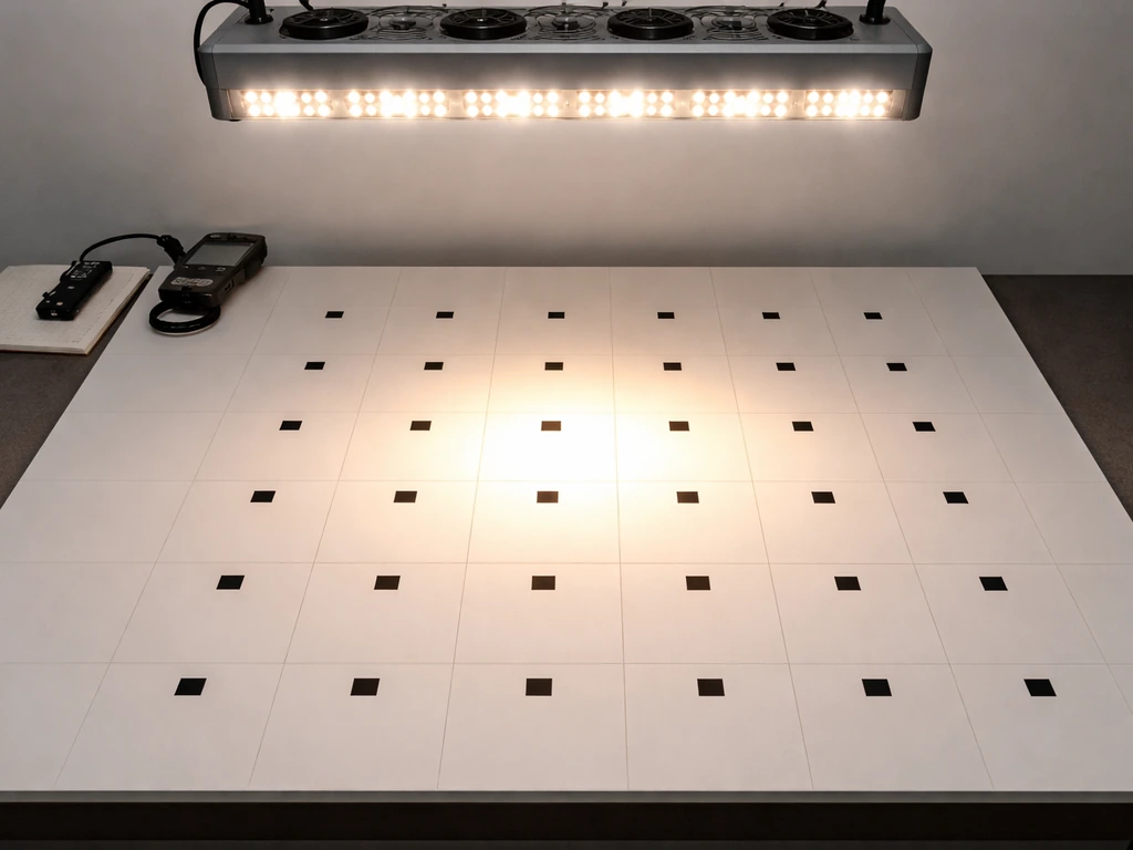Top-down view of a grow light casting brighter PPFD hotspot across a sensor grid.
