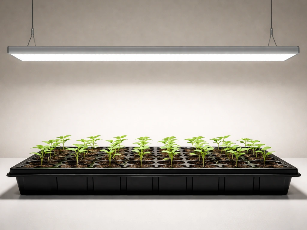 Seedling tray under a long LED panel mounted 6–12 inches above, showing even lighting and coverage.