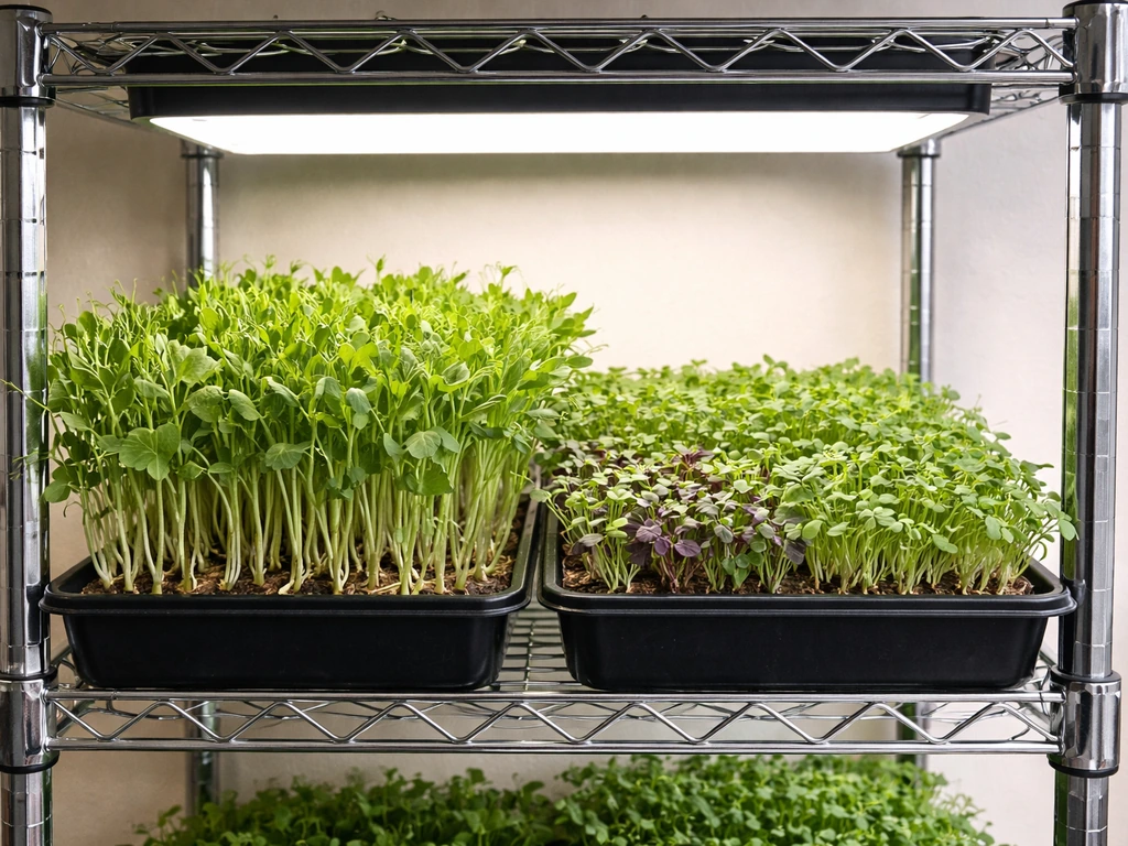 Close-up of healthy microgreens growing under a compact LED rack in soft natural light.