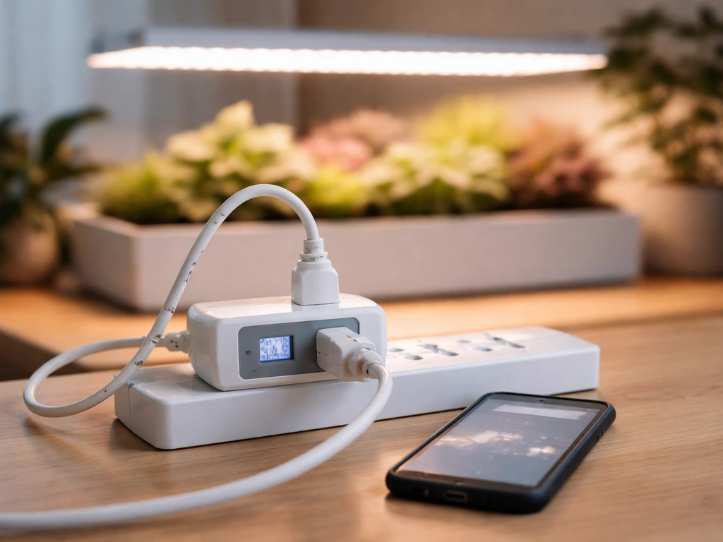 Inline watt meter/smart plug and a running LED grow light glow during an energy-cost test
