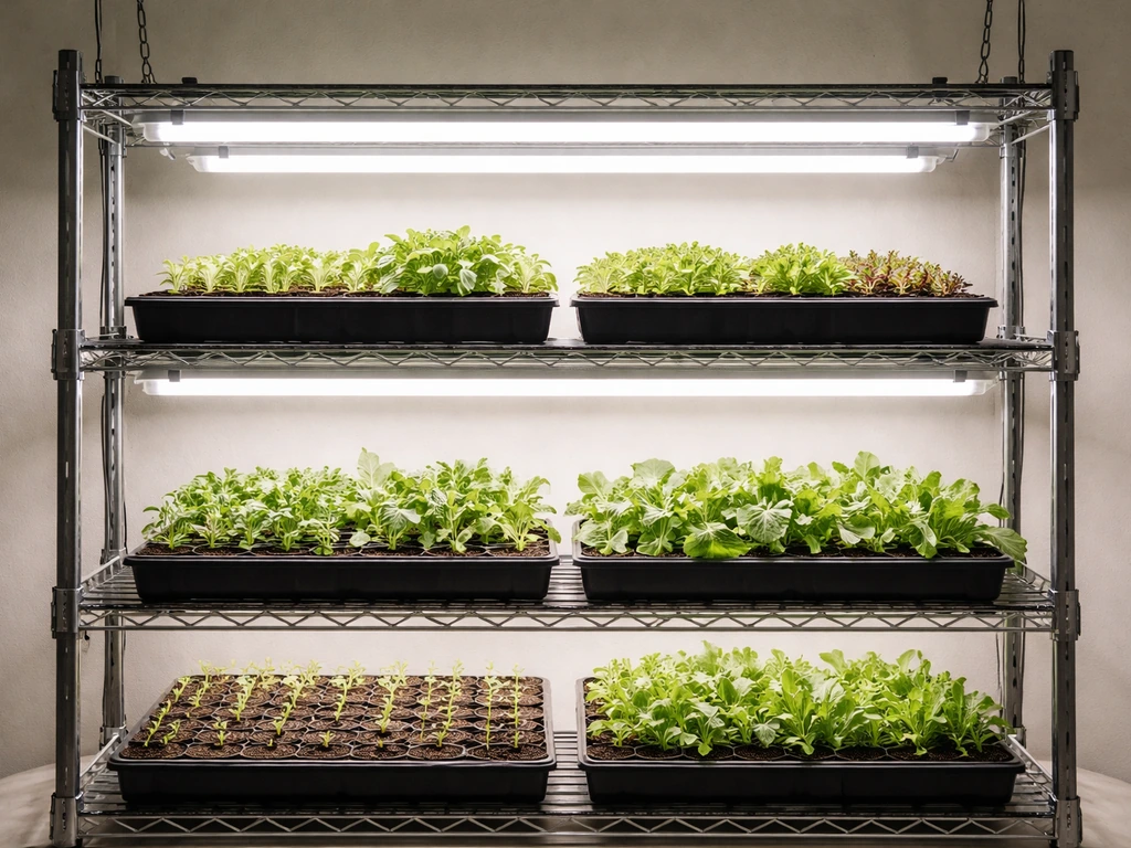 LED grow light bars over seed trays, leafy greens under bright white grow LEDs in a simple home setup.