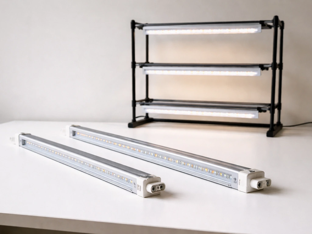 Close-up of linkable full-spectrum LED grow light bars in different lengths and a three-tier LED grow-light stand