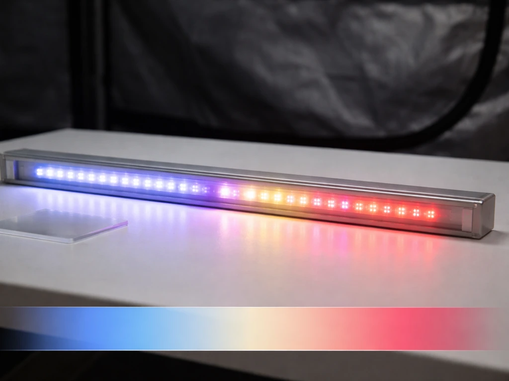 Close-up LED grow light bar with cool and warm colored light spill suggesting veg vs bloom spectrum.