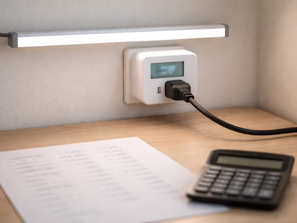 Plug-in power meter showing electricity usage beside an LED light bar, with simple daily runtime context.