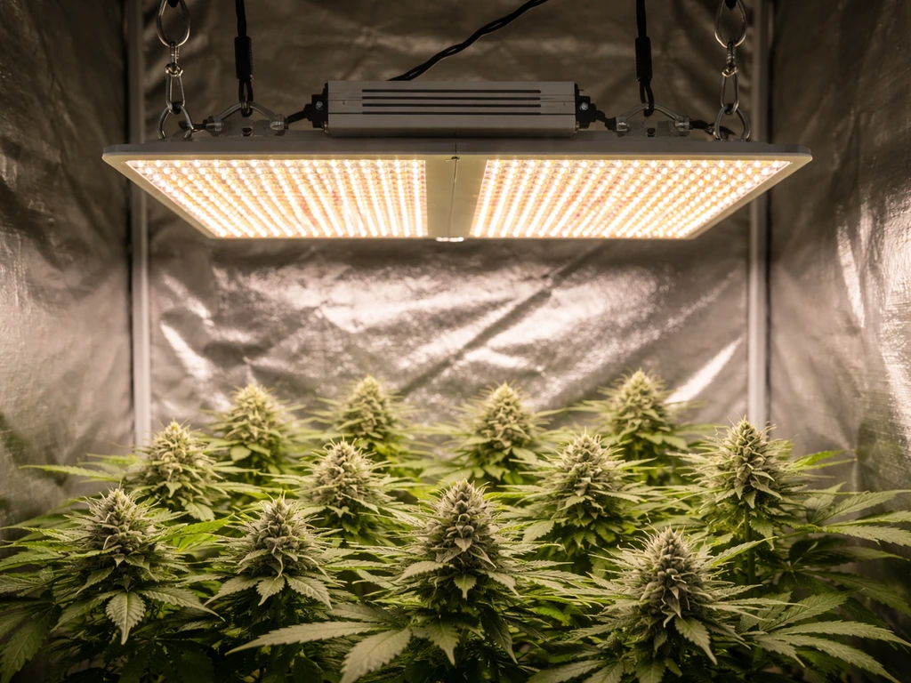 HLG Quantum Board LED grow light mounted in a small grow tent over a flowering plant canopy.