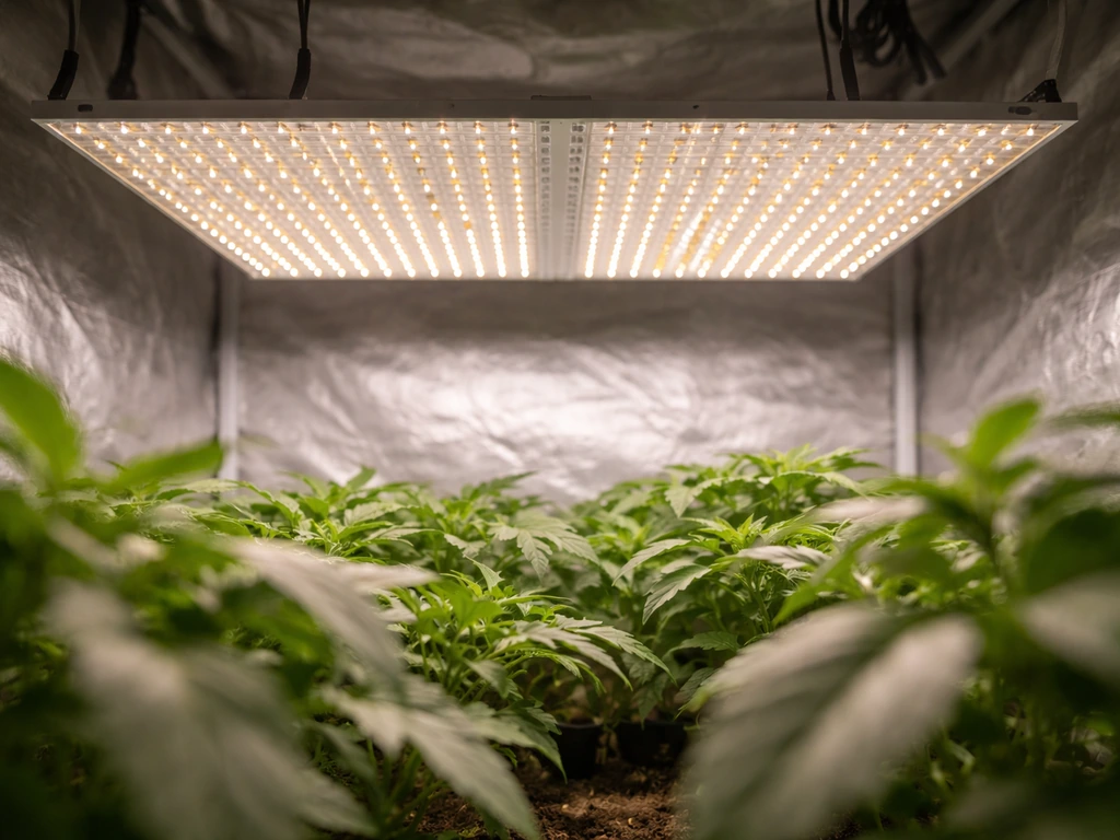 Minimal photo of quantum board style LED grow lights mounted above leafy plants in a small indoor grow tent.