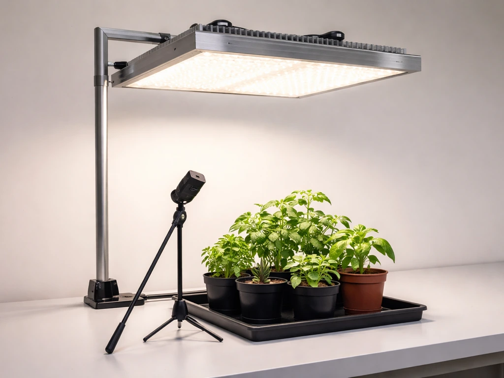 Quantum sensor on a stand measuring PPFD beneath an overhead grow light over a potted plant.
