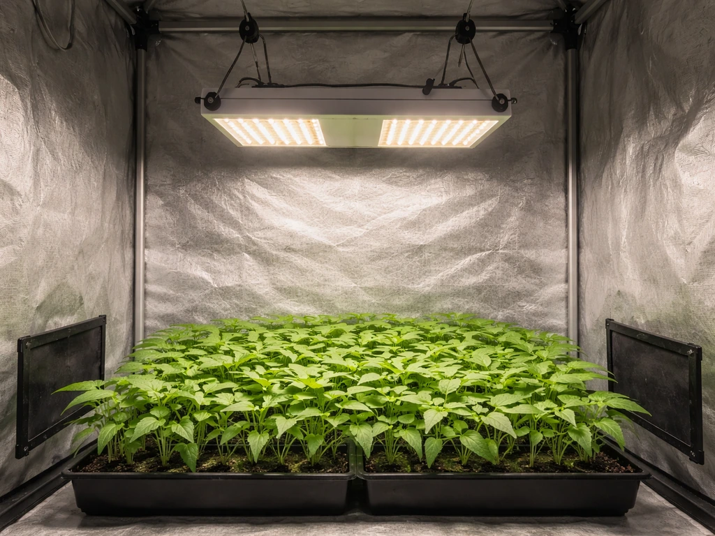 HLG 100 V2 grow light hanging over a 2x2 tent canopy, showing even coverage and airflow.