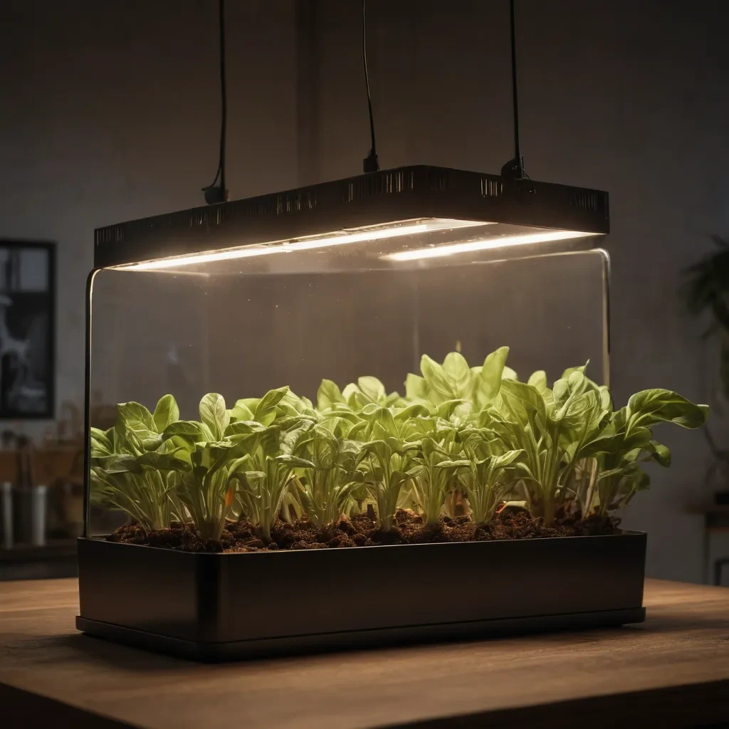 Indoor hydroponic planter with a grow light illuminating leafy greens on a table