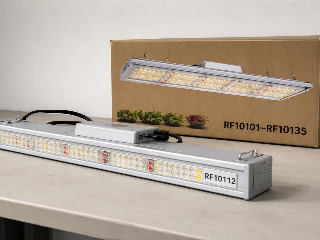 Close-up of an LED grow light and its packaging showing model labeling for variant range RF10101–RF10135.