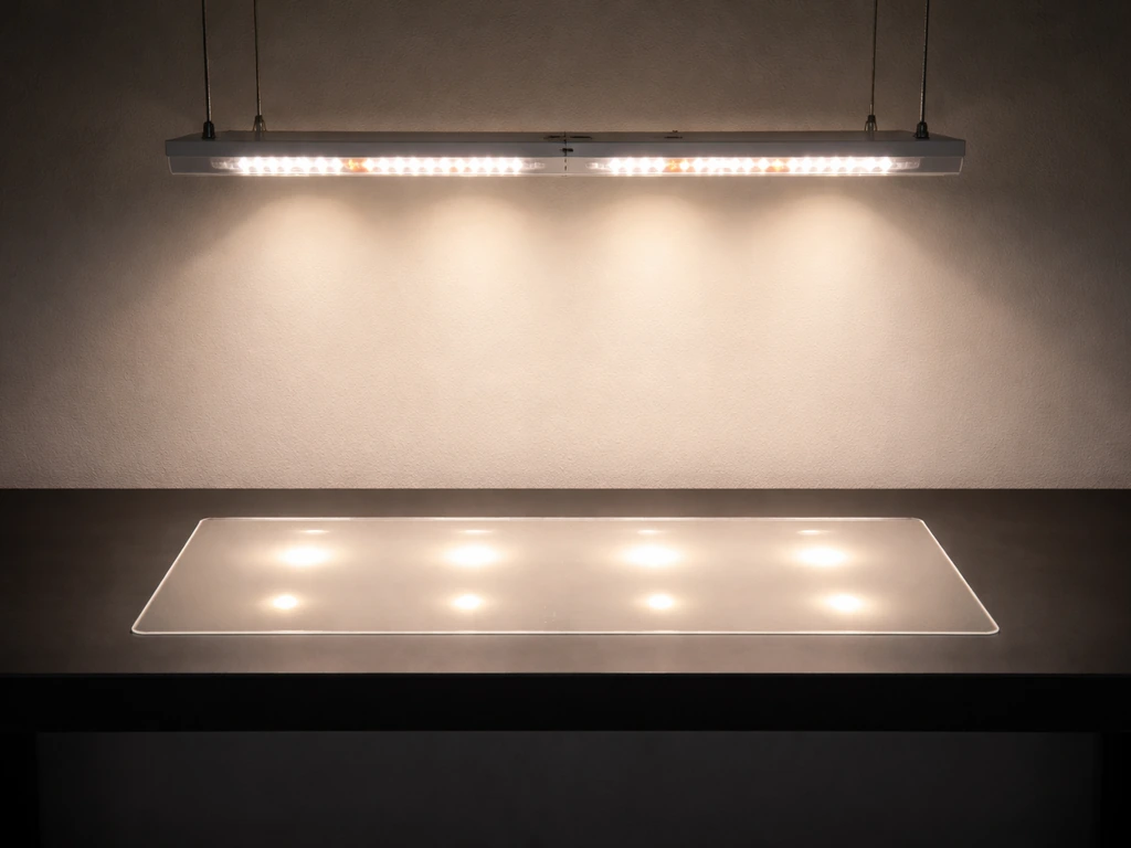 LED grow light centered over a long narrow grow space with simple measurement zones on the floor.