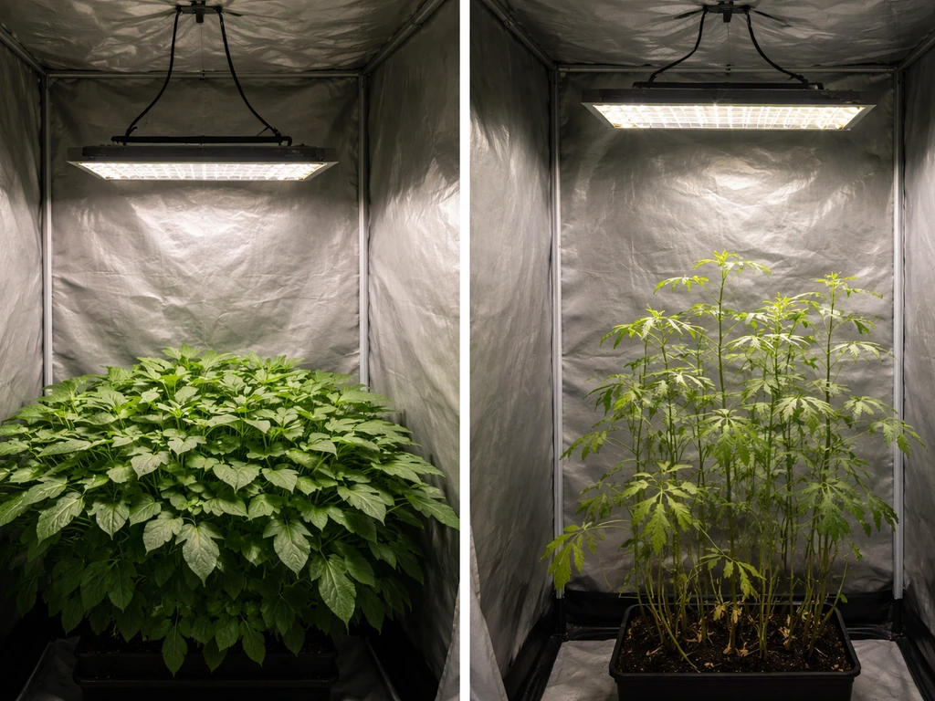 Side-by-side indoor grow setups: thriving leafy canopy at recommended height vs stressed fruiting canopy farther away.
