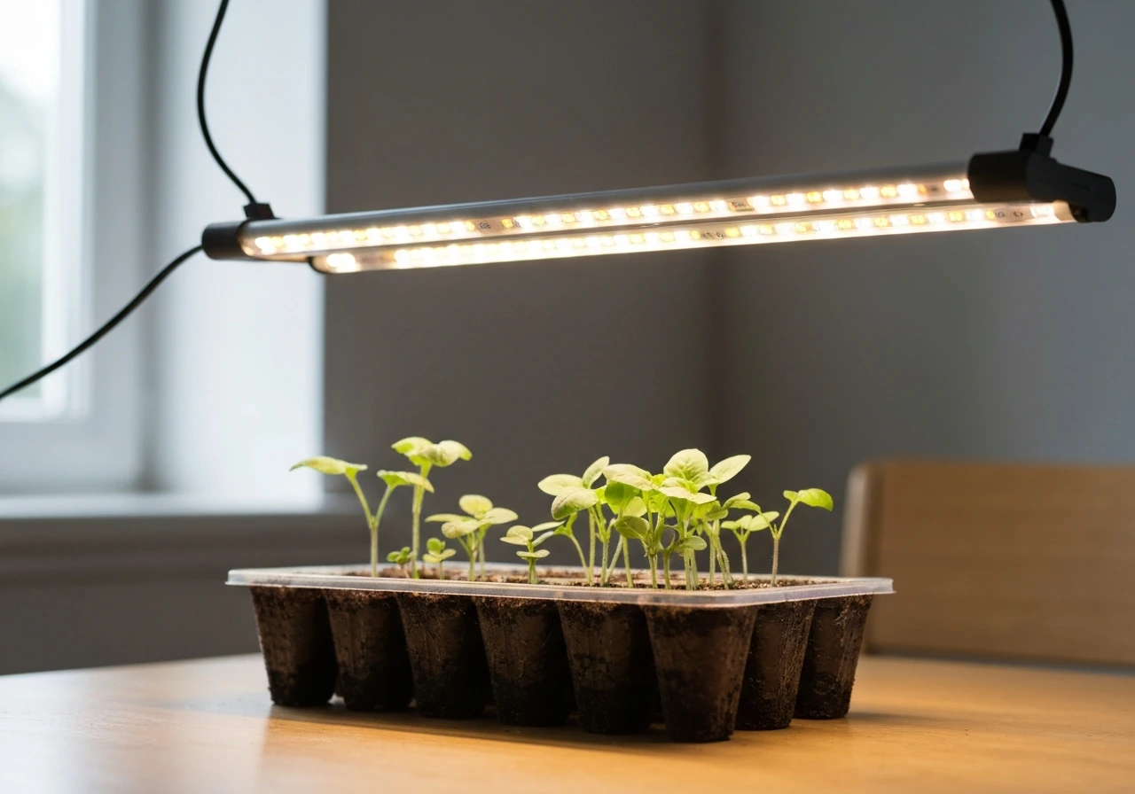 Full-spectrum LED grow light over a seed tray with small seedlings indoors