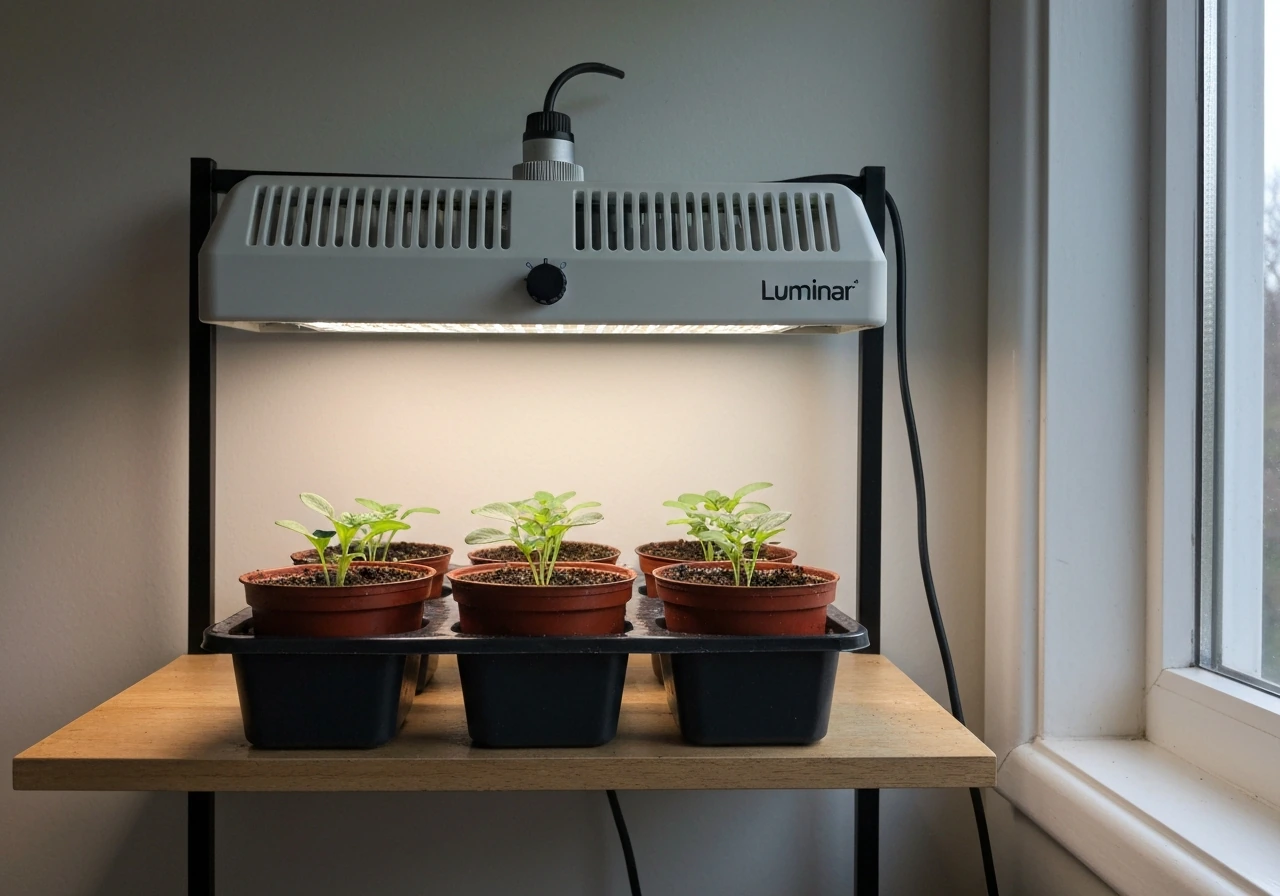 Luminar Everyday full-spectrum LED grow light fixture mounted above a small potted seedling indoors