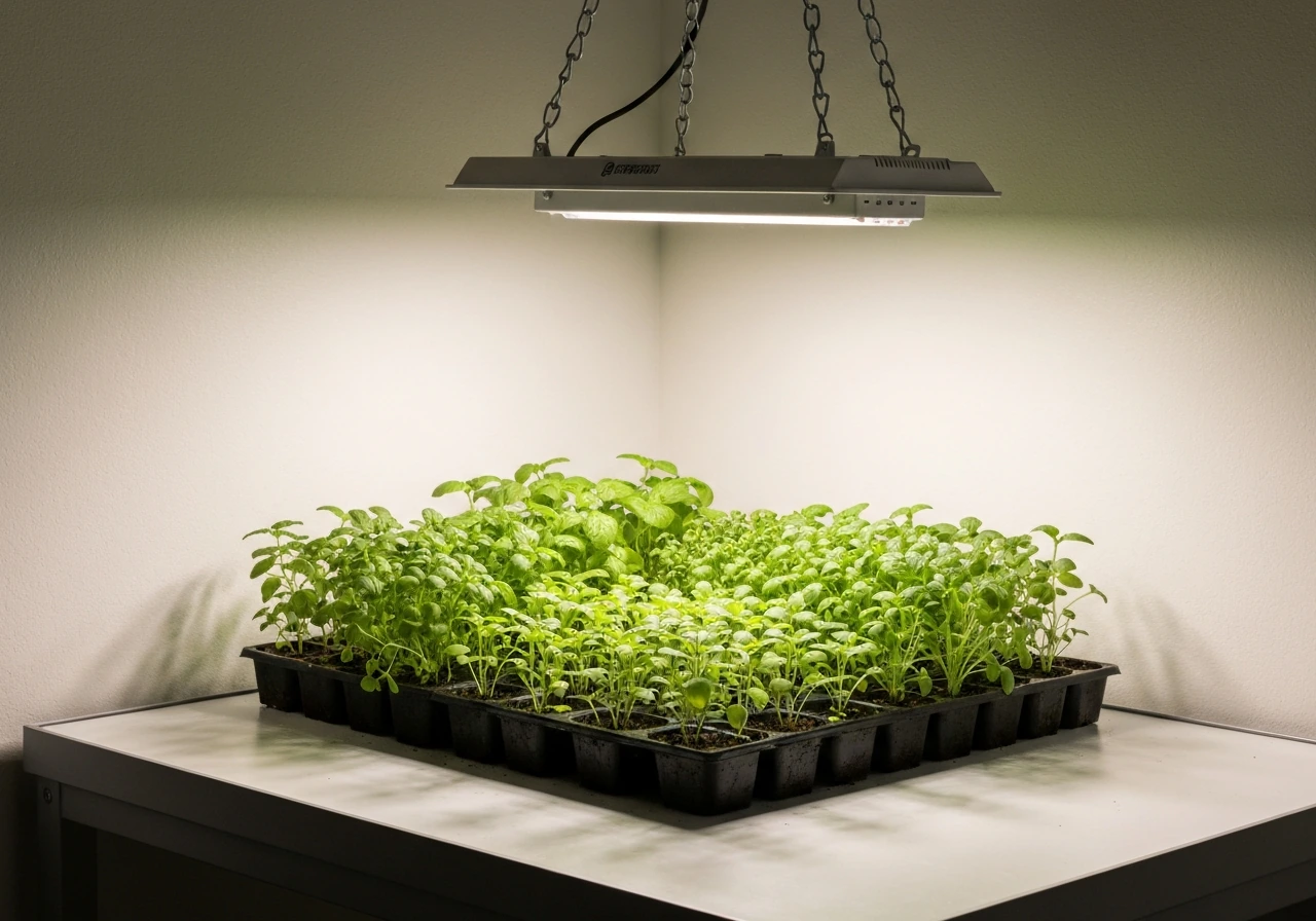 LED grow light hanging above a small herb canopy, showing limited coverage at a realistic distance.