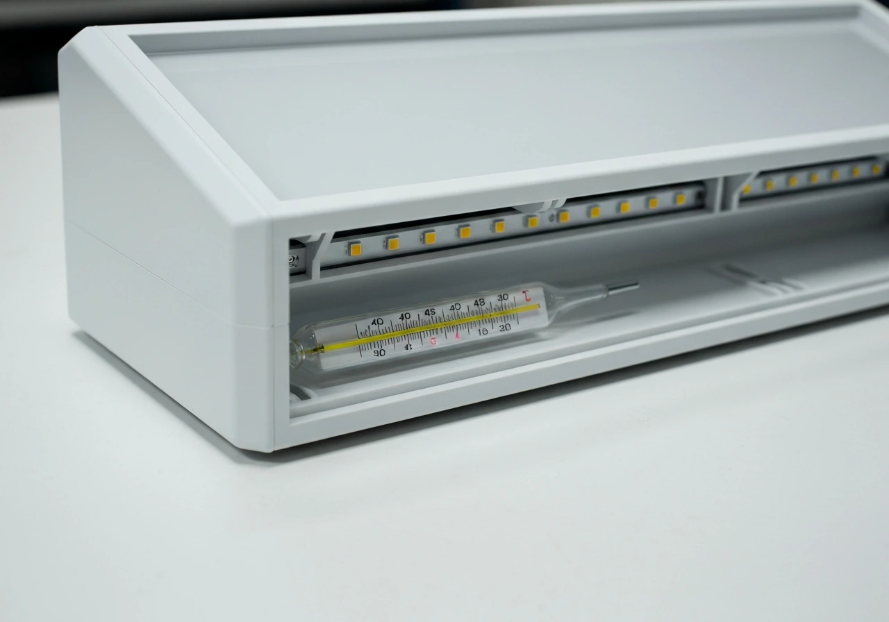 Close-up of a plastic LED fixture with an off/idle look and a thermometer near the underside.