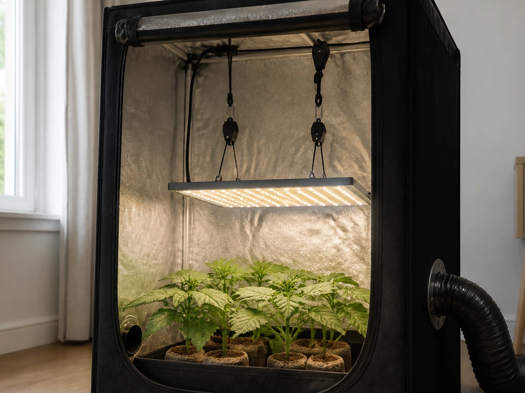 Small grow tent with a hanging quantum LED grow light above healthy seedlings, showing coverage and setup details.