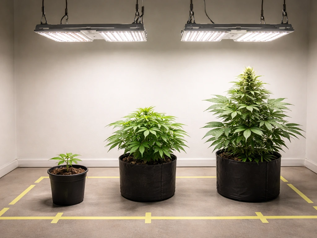 Indoor plants at different stages under LED grow lights with a taped border showing the coverage area.