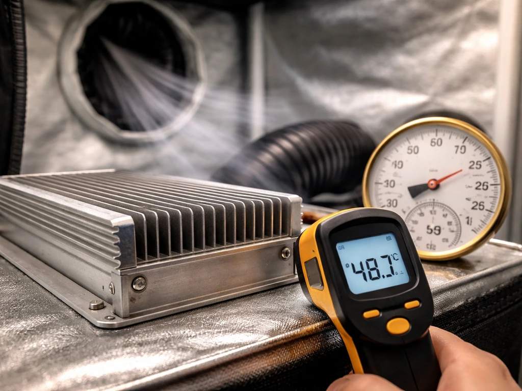 Close-up of an aluminum heatsink with an IR thermometer and an in-tent thermometer showing safe temps