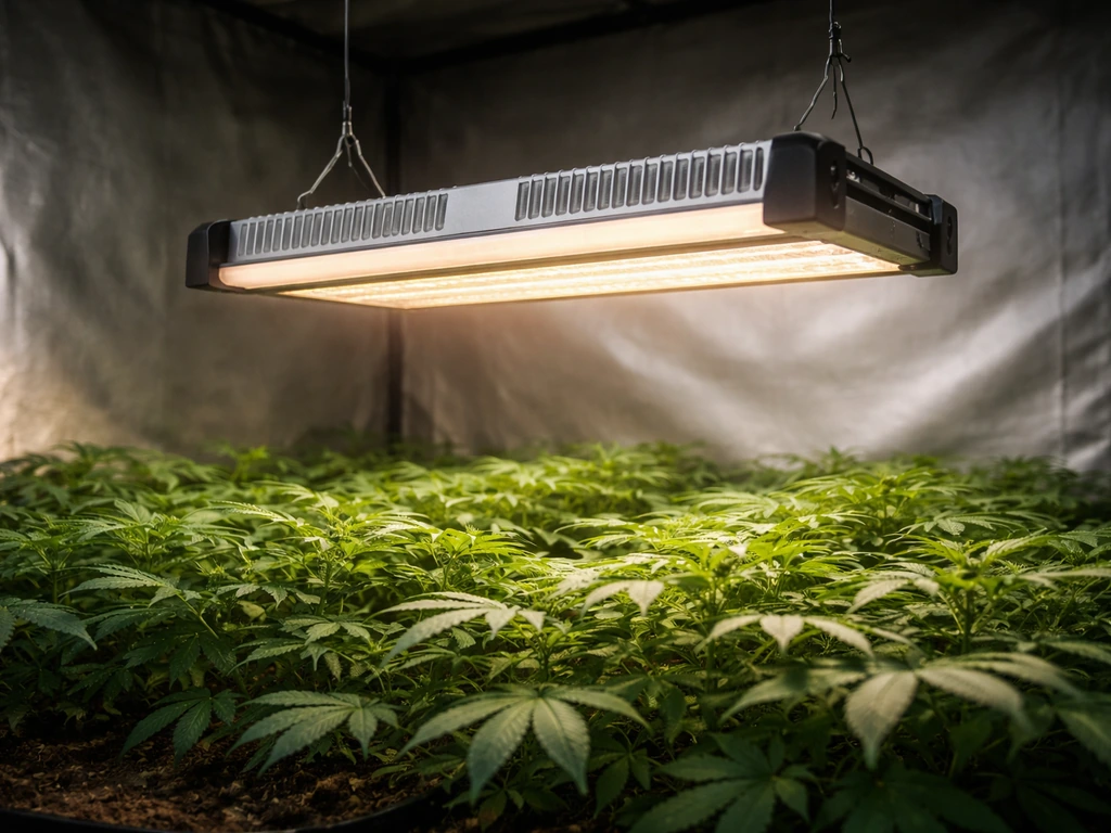 Telos Dynamic grow light mounted above a clean indoor plant canopy, glowing for a performance-focused hero image.