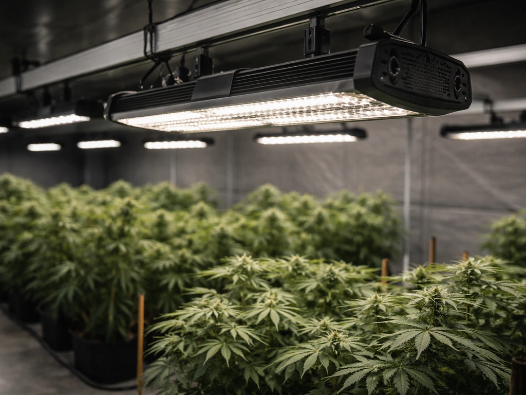 Overhead grow light illuminating healthy plants in a clean, premium indoor grow room