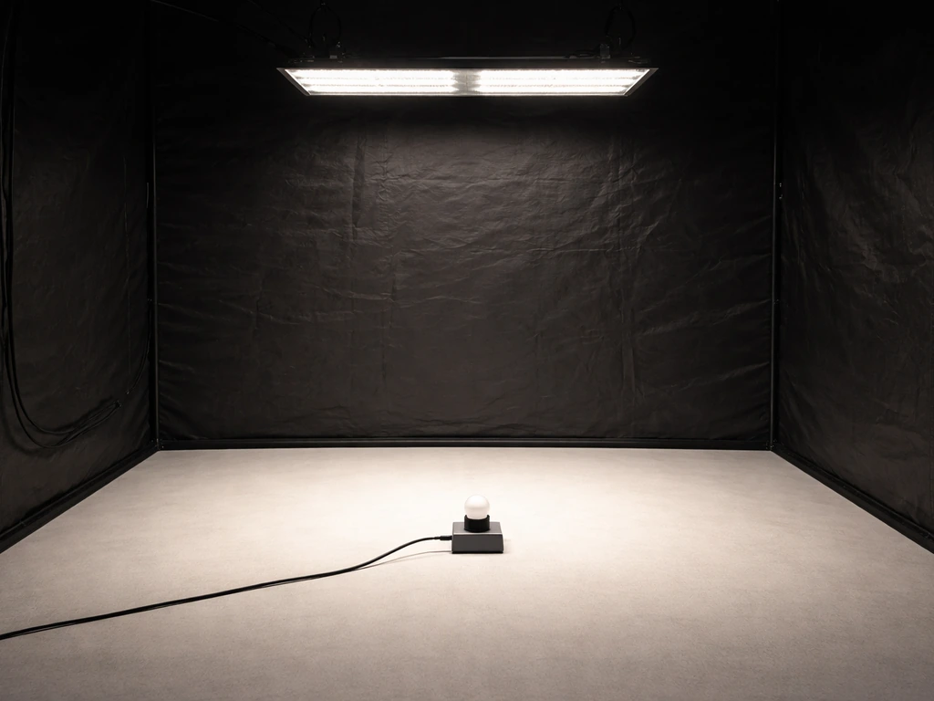 Indoor grow light overhead with an illuminated footprint and a PPFD sensor probe on the floor.