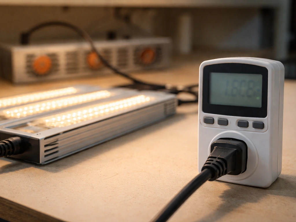 Close-up of an unbranded power meter measuring LED fixture watt draw beside two simple lights.