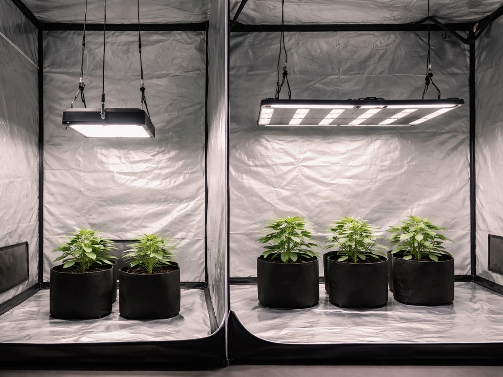 Grow tent with two distinct grow light fixtures hanging above plants, showing small vs larger setup alternatives