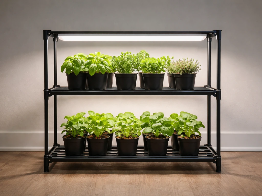 Compact indoor grow shelf with an LED grow light overhead shining on healthy seedlings in small pots.