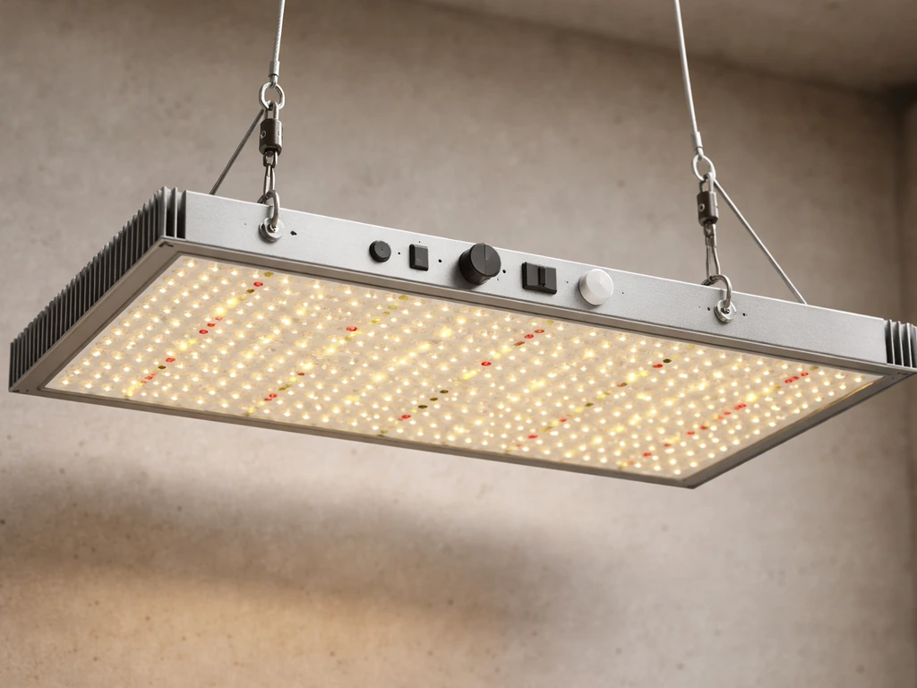 Close-up of a hanging LED grow light panel with visible diodes and control area against a plain background.