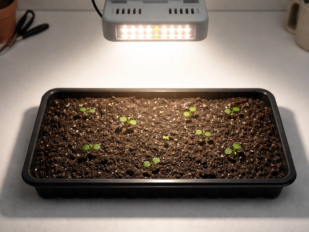 Overhead view of an LED grow light beam coverage across a soil tray, showing center and edge lighting.
