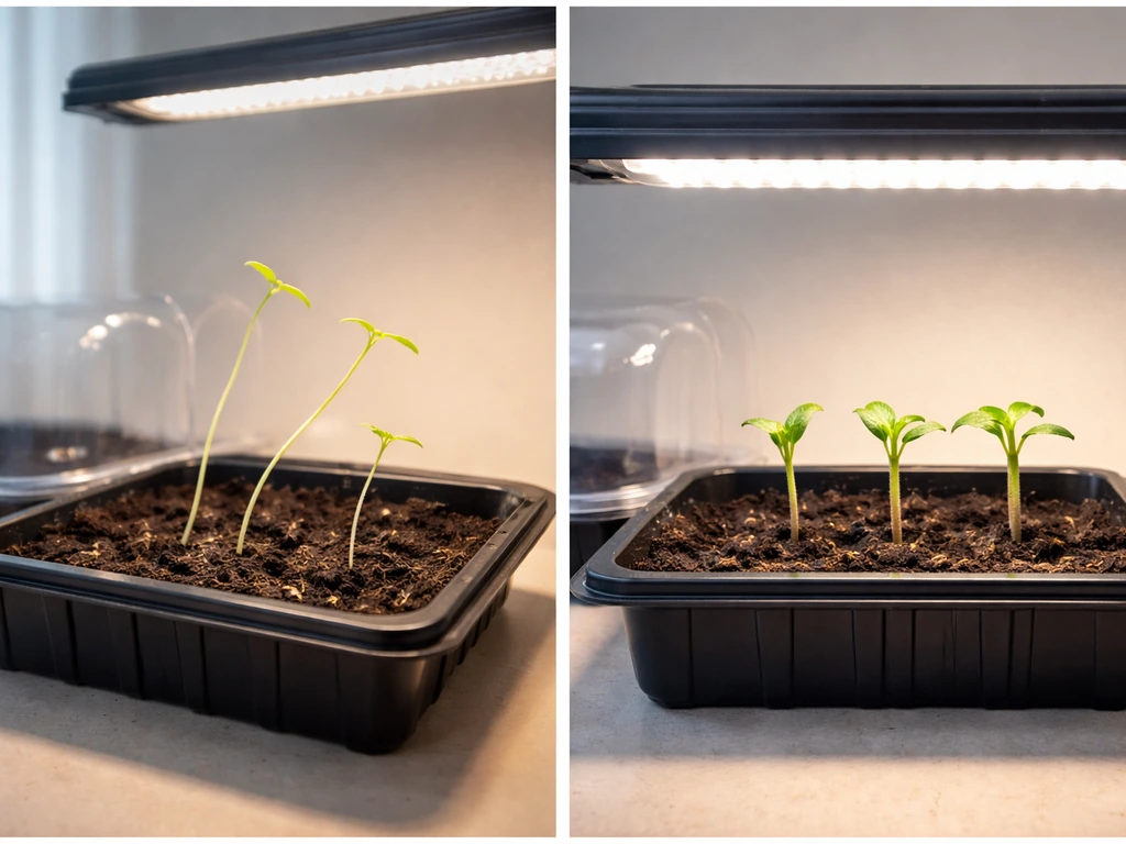 Split before/after: leggy seedlings leaning under a far light versus compact seedlings under a closer light.