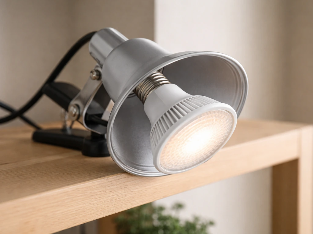 Screw-in PAR25 grow light bulb installed in a clamp lamp on a small indoor shelf.