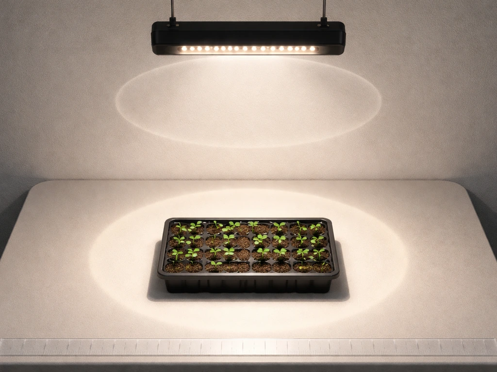 Top-down view of an LED grow light casting a bright central hot spot and dimmer edges over seedlings.