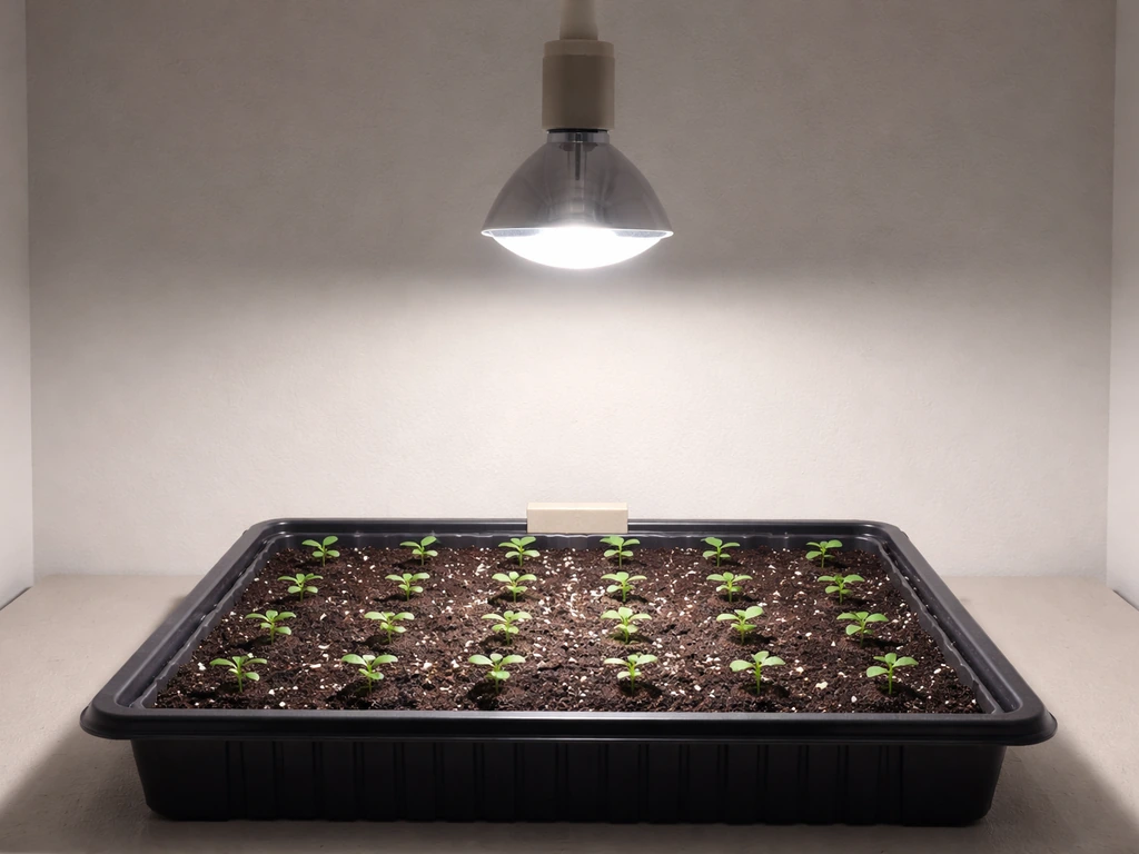 Seed tray under a grow bulb shows a bright central hotspot and dimmer edges around it.