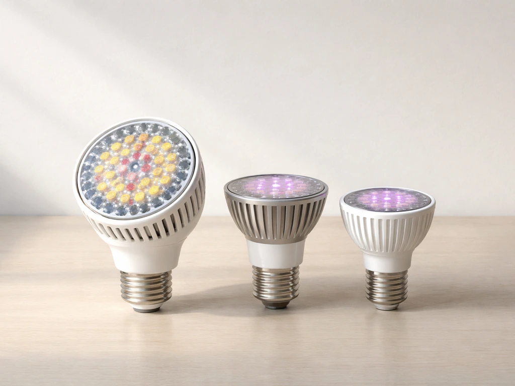 Three small grow light bulbs on a table, showing a simple side-by-side comparison of 10–20W options.