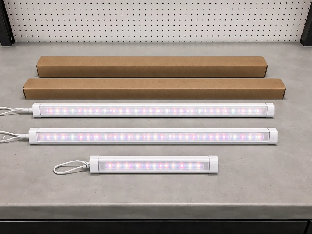 Two Hyper Tough bar grow lights laid side-by-side on a workbench with their packaging nearby