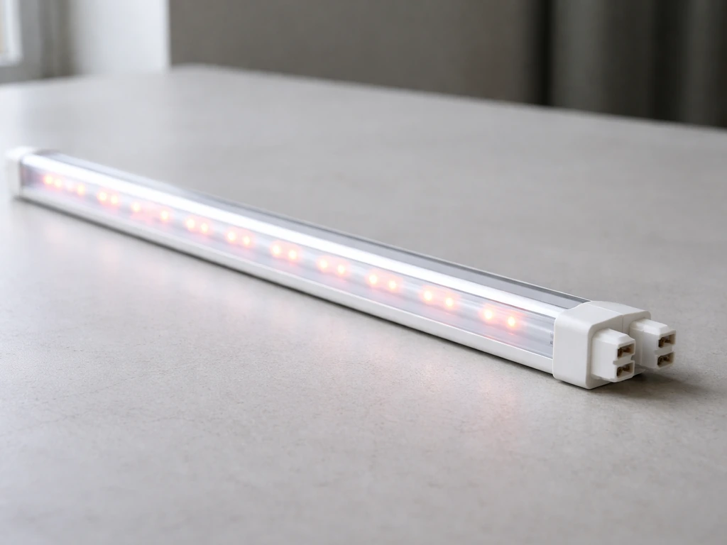 Two-foot full-spectrum linkable LED grow light bar on a workbench, connectors visible to show how it links