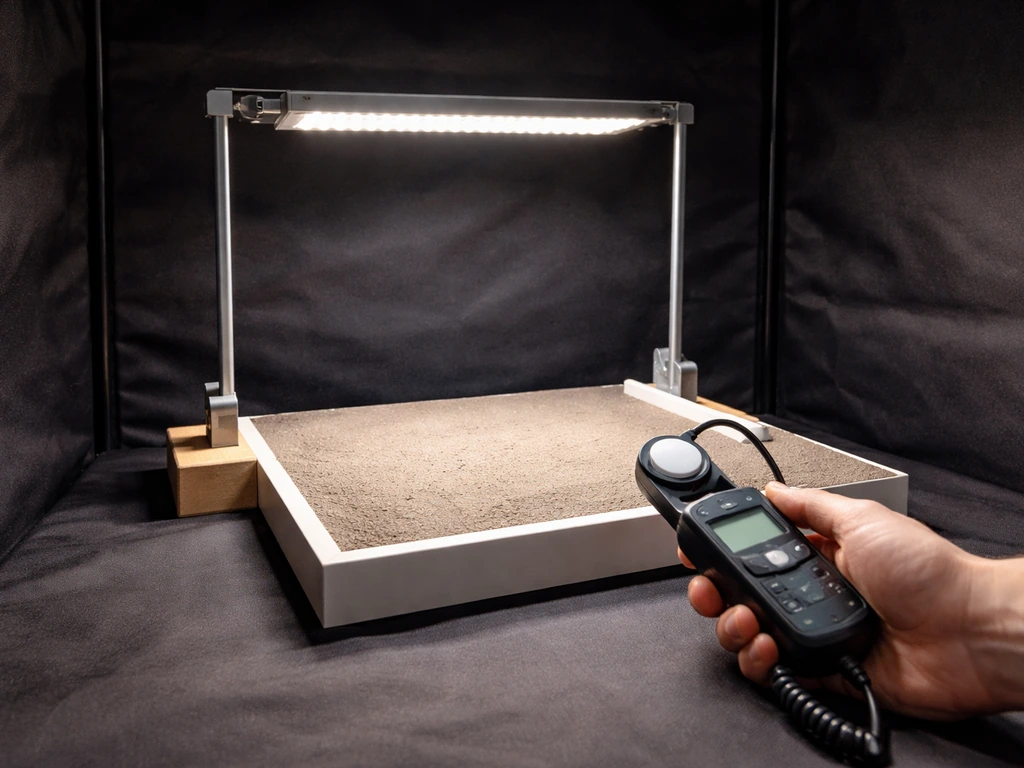 Grow light over a small test surface with a handheld light meter measuring brightness in a dark room