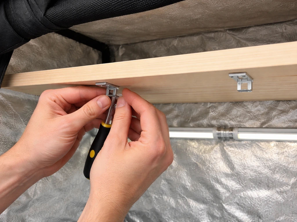 Hands mounting two brackets and wood screws under a shelf in a small grow tent with linked light bars.