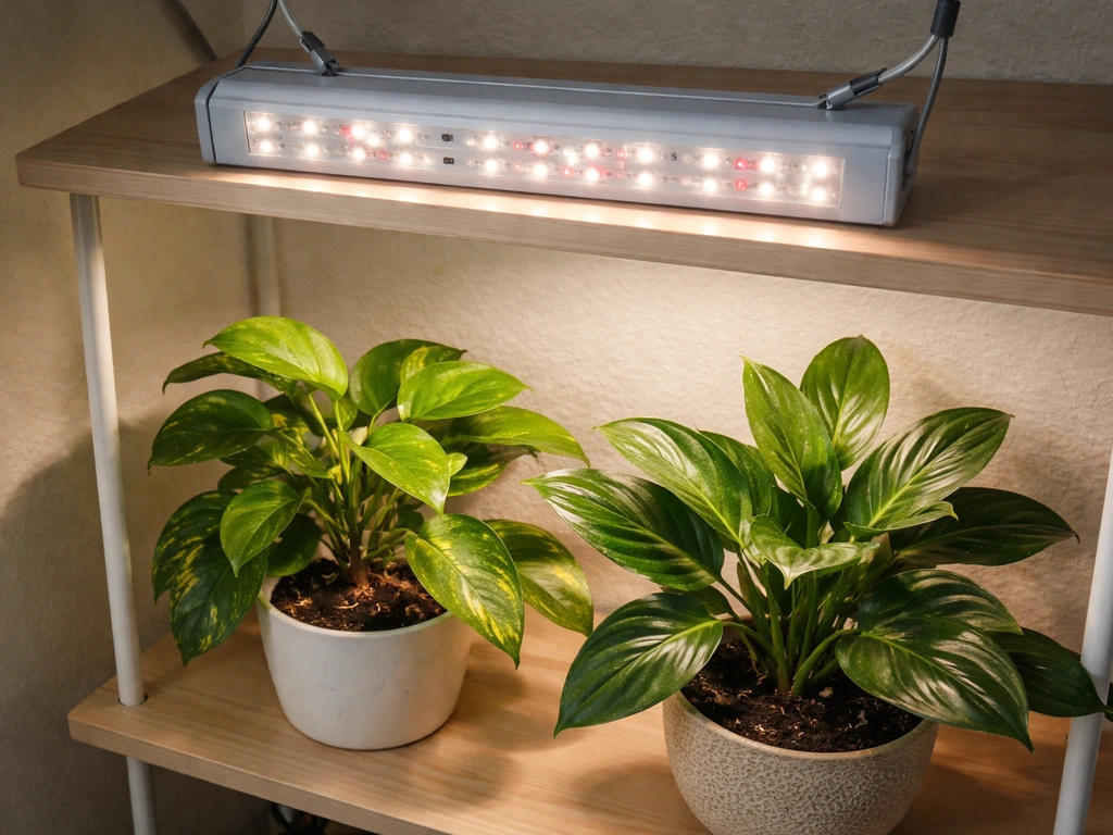 Angled shot of an LED grow light panel above leafy plants on a simple indoor shelf.