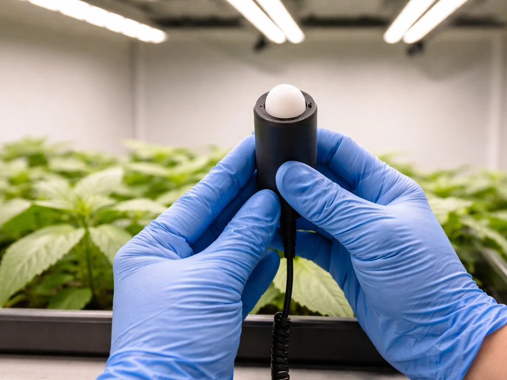 Quantum PPFD sensor held at canopy height under grow lights for uniformity testing