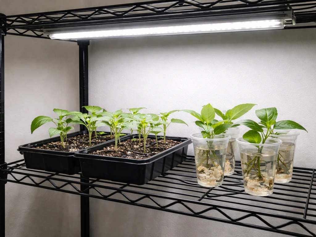 Seedlings and small clones under a Walmart-style LED grow light on a simple shelf, minimal indoor setup