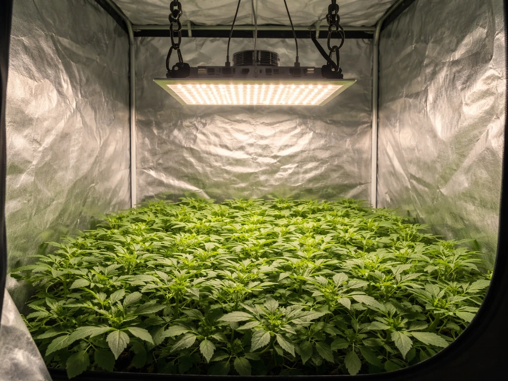 2x2 grow tent interior with leveled green canopy and a single LED light hanging above plants.