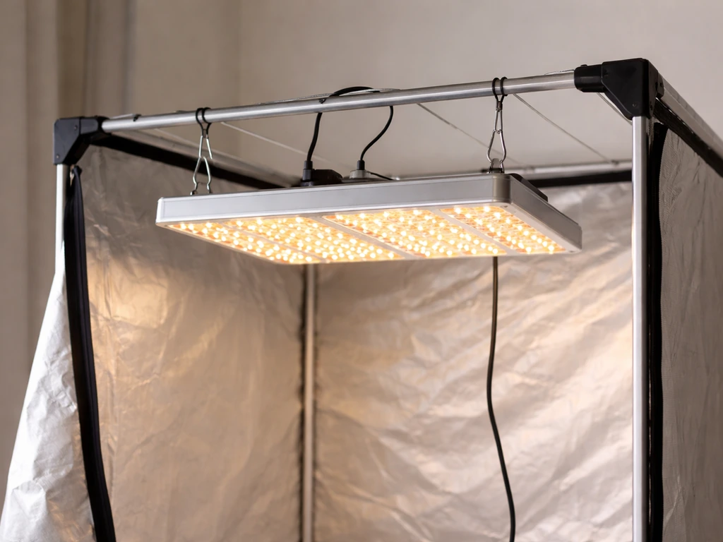Yintatech-style LED grow light glowing over a small indoor grow tent with hanging cables.