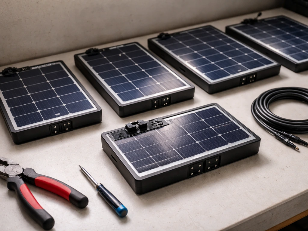 Several compact solar panel modules and labels on a workbench, illustrating different models and features.