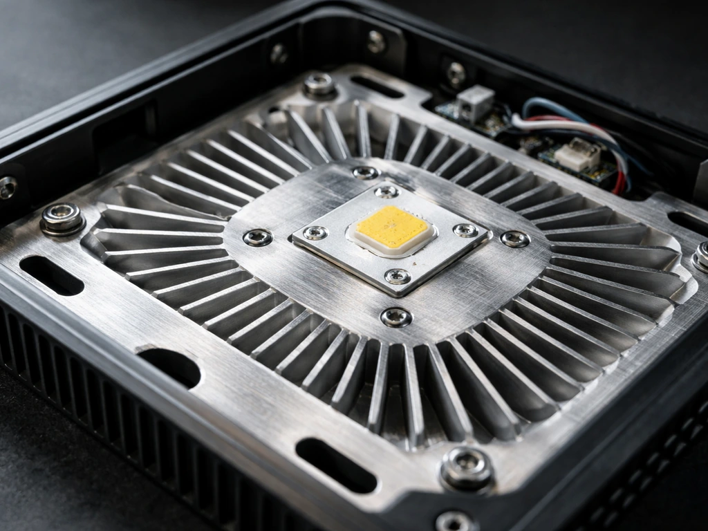 Close-up of a fanless LED panel’s aluminum heat sink and driver area showing build quality and cooling.