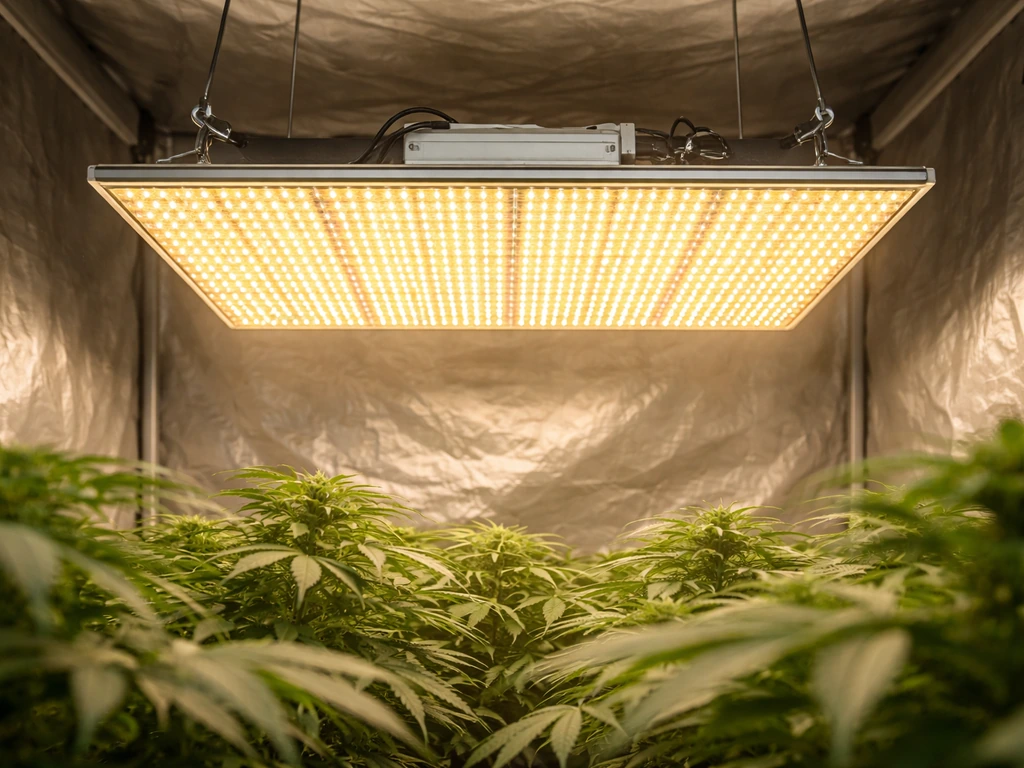 VIVOSUN VS4000 LED grow light hanging over a tidy indoor grow tent with plants in soft focus.