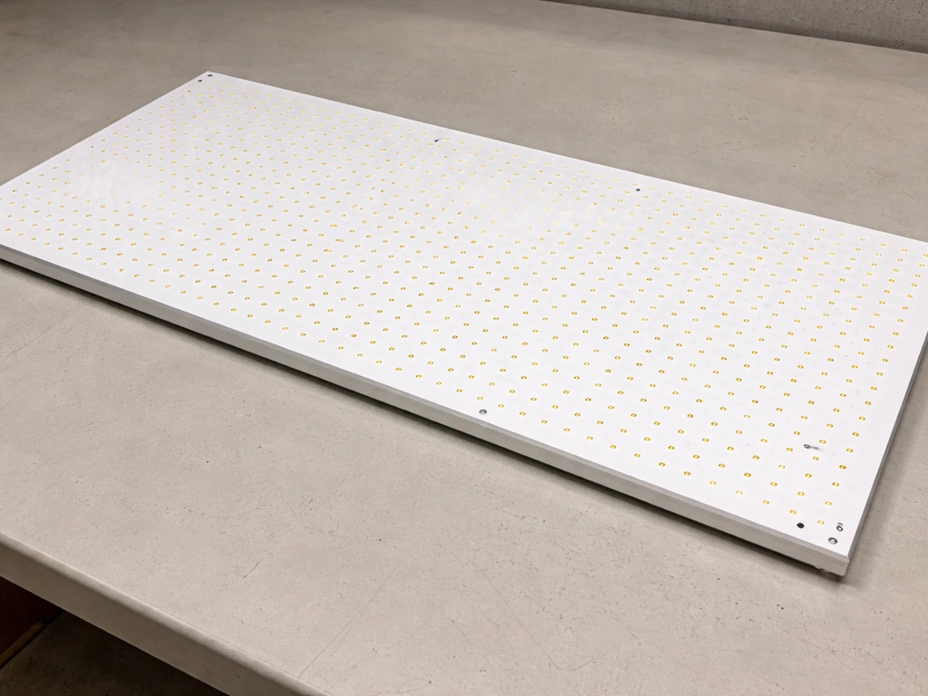 Close view of a flat rectangular LED panel showing its diode array pattern.
